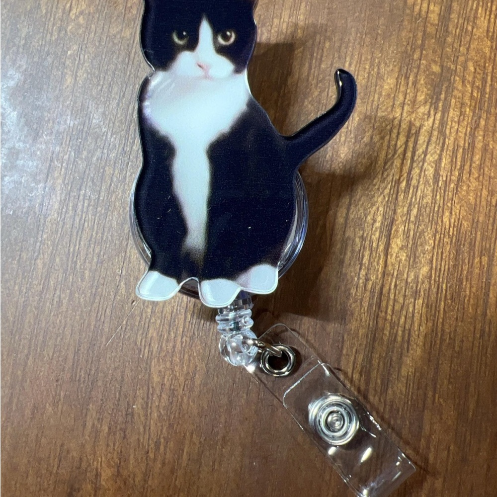 Cat Badge Reel Holder - Black and White
